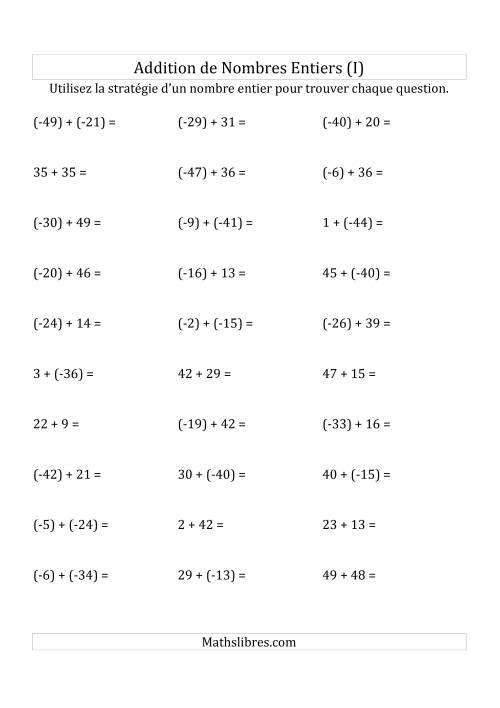 Addition de Nombres Entiers de (-50) à (+50) (Parenthèses sur les Nombres Négatifs) (I)
