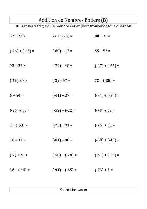 Addition de Nombres Entiers de (-99) à (+99) (Parenthèses sur les Nombres Négatifs) (B)