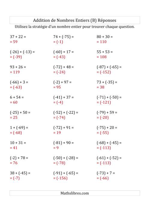 Addition de Nombres Entiers de (-99) à (+99) (Parenthèses sur les Nombres Négatifs) (B) page 2