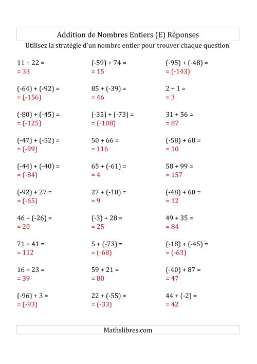 Addition de Nombres Entiers de (-99) à (+99) (Parenthèses sur les Nombres Négatifs) (E) page 2