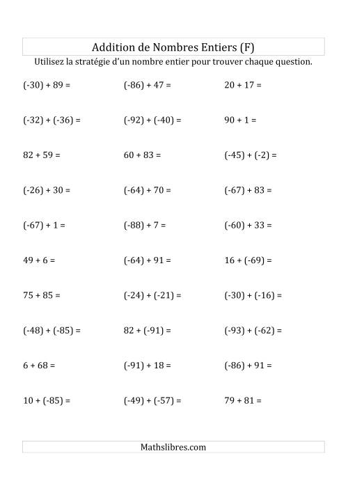 Addition de Nombres Entiers de (-99) à (+99) (Parenthèses sur les Nombres Négatifs) (F)