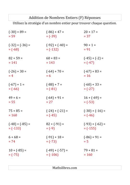 Addition de Nombres Entiers de (-99) à (+99) (Parenthèses sur les Nombres Négatifs) (F) page 2