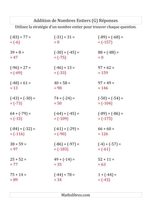 Addition de Nombres Entiers de (-99) à (+99) (Parenthèses sur les Nombres Négatifs) (G) page 2