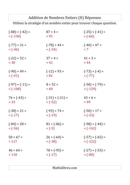 Addition de Nombres Entiers de (-99) à (+99) (Parenthèses sur les Nombres Négatifs) (H) page 2