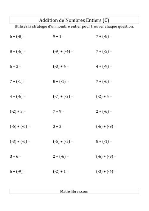 Addition de Nombres Entiers de (-9) à (+9) (Parenthèses sur les Nombres Négatifs) (C)
