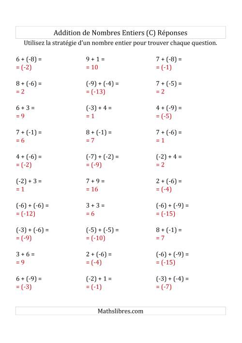 Addition de Nombres Entiers de (-9) à (+9) (Parenthèses sur les Nombres Négatifs) (C) page 2