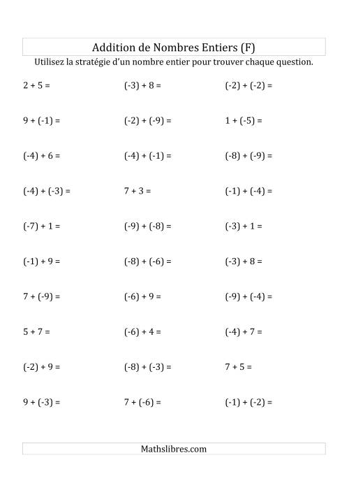 Addition de Nombres Entiers de (-9) à (+9) (Parenthèses sur les Nombres Négatifs) (F)