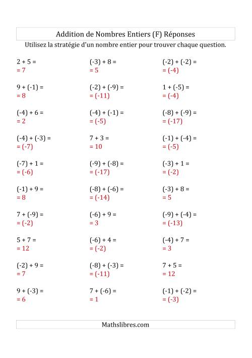 Addition de Nombres Entiers de (-9) à (+9) (Parenthèses sur les Nombres Négatifs) (F) page 2