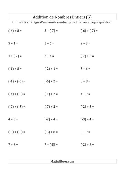 Addition de Nombres Entiers de (-9) à (+9) (Parenthèses sur les Nombres Négatifs) (G)