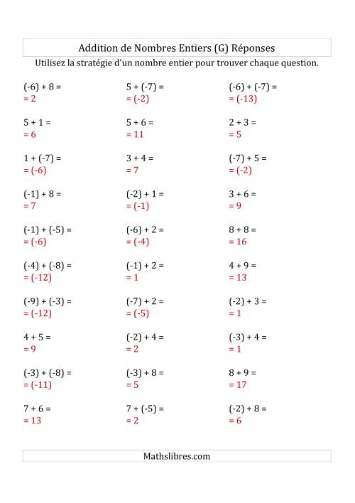 Addition de Nombres Entiers de (-9) à (+9) (Parenthèses sur les Nombres Négatifs) (G) page 2