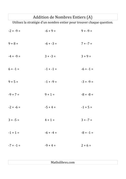 Addition de Nombres Entiers de (-9) à (+9) (Sans les Parenthèses) (A)