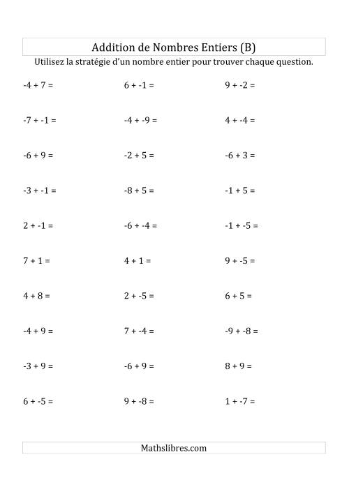 Addition de Nombres Entiers de (-9) à (+9) (Sans les Parenthèses) (B)