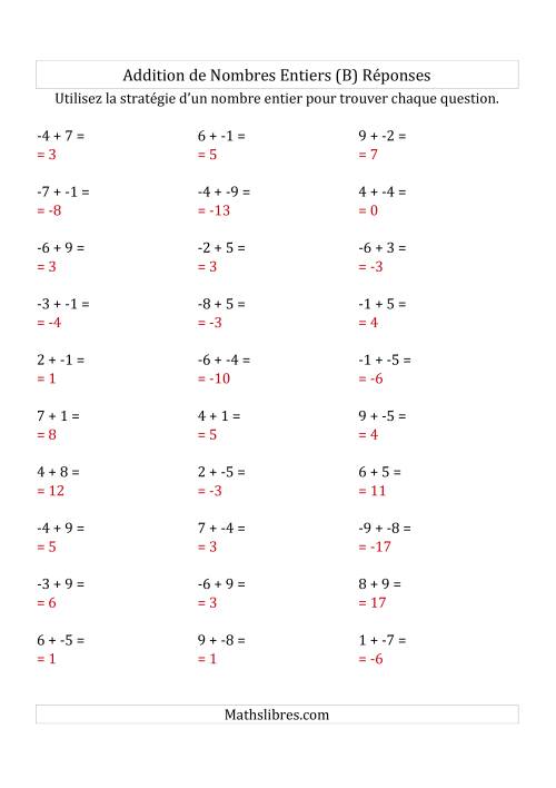 Addition de Nombres Entiers de (-9) à (+9) (Sans les Parenthèses) (B) page 2