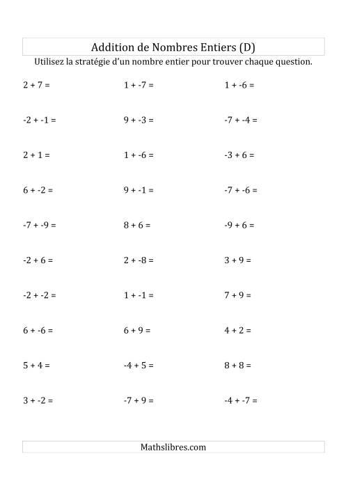Addition de Nombres Entiers de (-9) à (+9) (Sans les Parenthèses) (D)