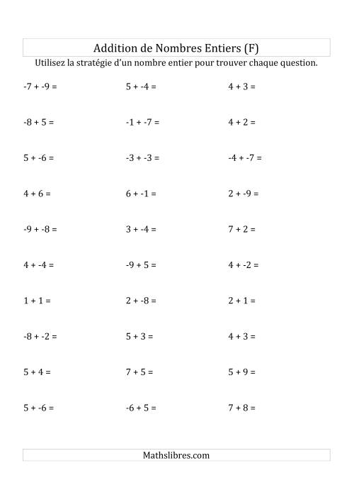 Addition de Nombres Entiers de (-9) à (+9) (Sans les Parenthèses) (F)