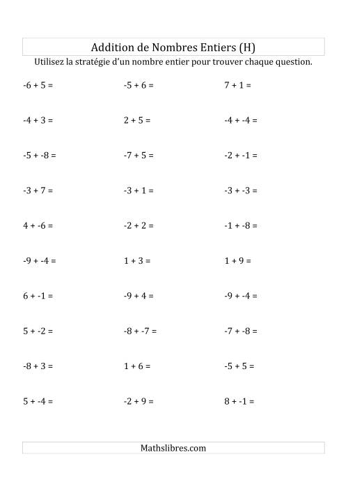 Addition de Nombres Entiers de (-9) à (+9) (Sans les Parenthèses) (H)