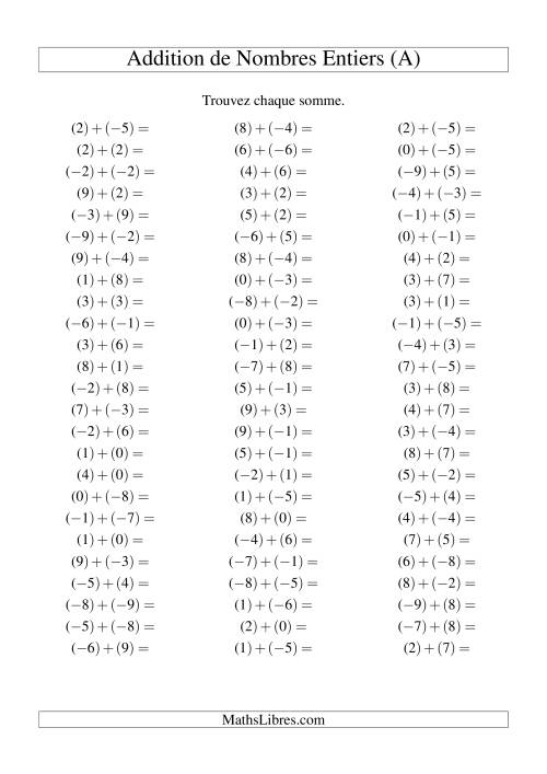 Addition de nombres entiers (-9 à 9) (75 par page) (A)