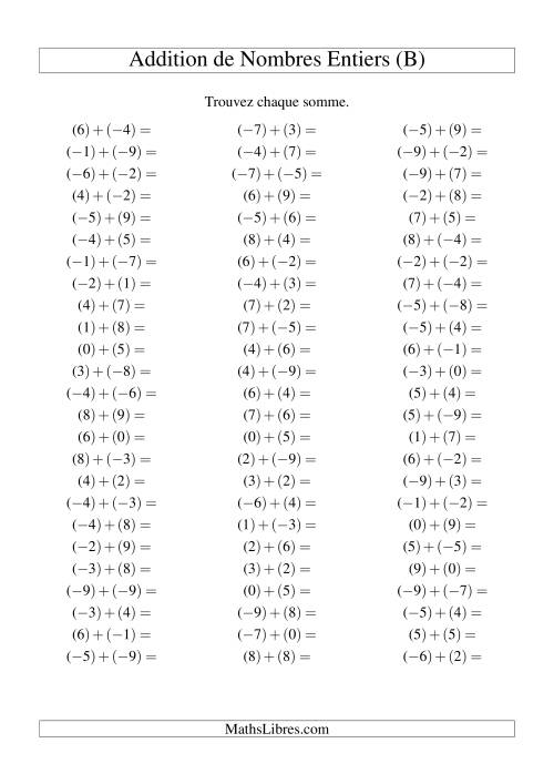 Addition de nombres entiers (-9 à 9) (75 par page) (B)