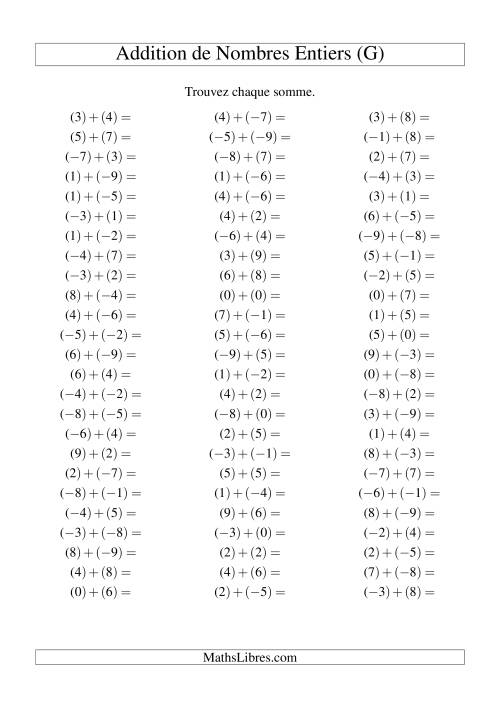 Addition de nombres entiers (-9 à 9) (75 par page) (G)