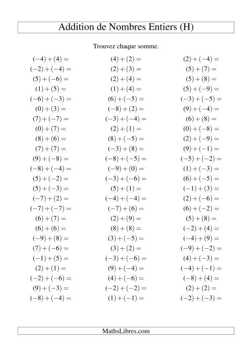 Addition de nombres entiers (-9 à 9) (75 par page) (H)