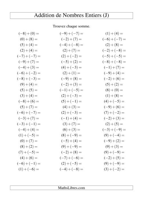 Addition de nombres entiers (-9 à 9) (75 par page) (J)