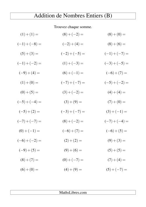 Addition de nombres entiers (-9 à 9) (45 par page) (B)