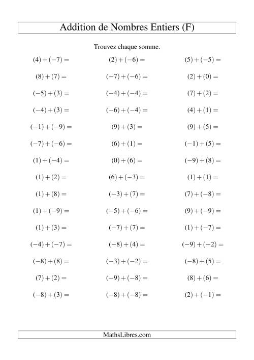 Addition de nombres entiers (-9 à 9) (45 par page) (F)