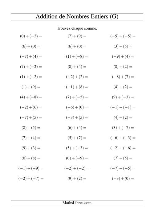 Addition de nombres entiers (-9 à 9) (45 par page) (G)