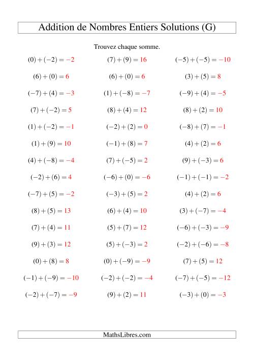 Addition de nombres entiers (-9 à 9) (45 par page) (G) page 2