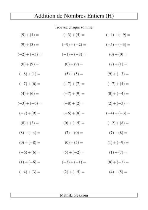 Addition de nombres entiers (-9 à 9) (45 par page) (H)