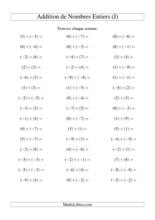 Addition de nombres entiers (-9 à 9) (45 par page) (J)