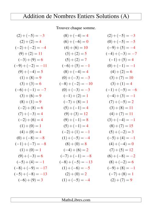 Addition de nombres entiers (-9 à 9) (75 par page) (Tout) page 2