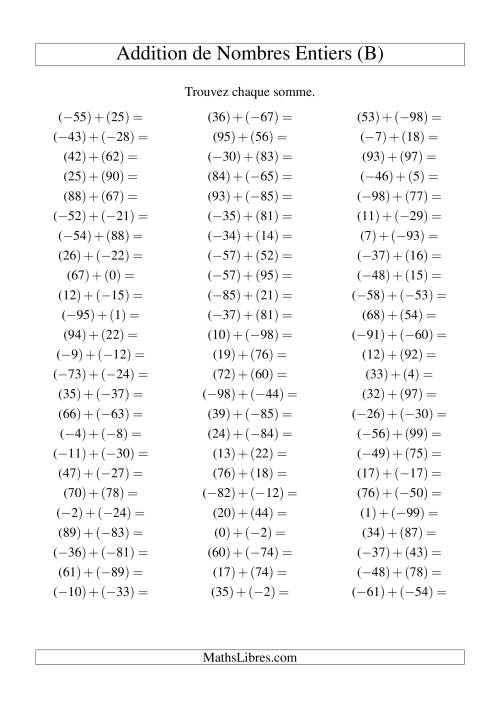 Addition de nombres entiers (-99 à 99) (75 par page) (B)