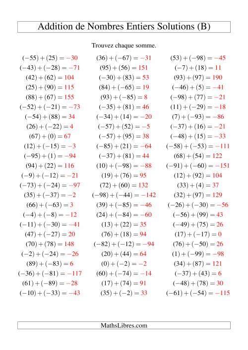 Addition de nombres entiers (-99 à 99) (75 par page) (B) page 2