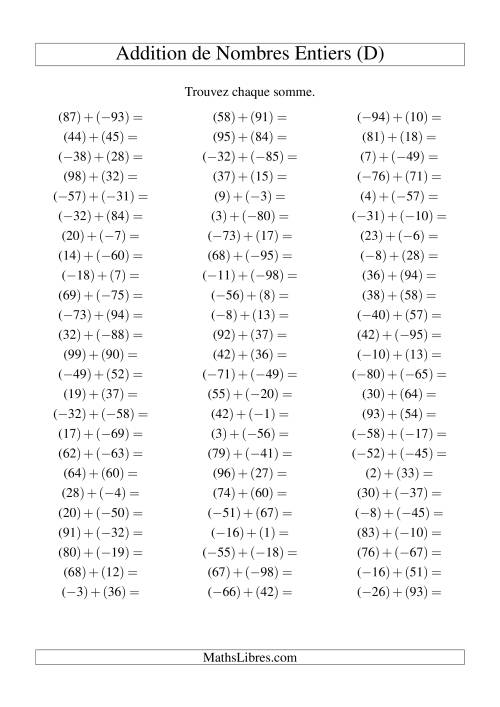 Addition de nombres entiers (-99 à 99) (75 par page) (D)