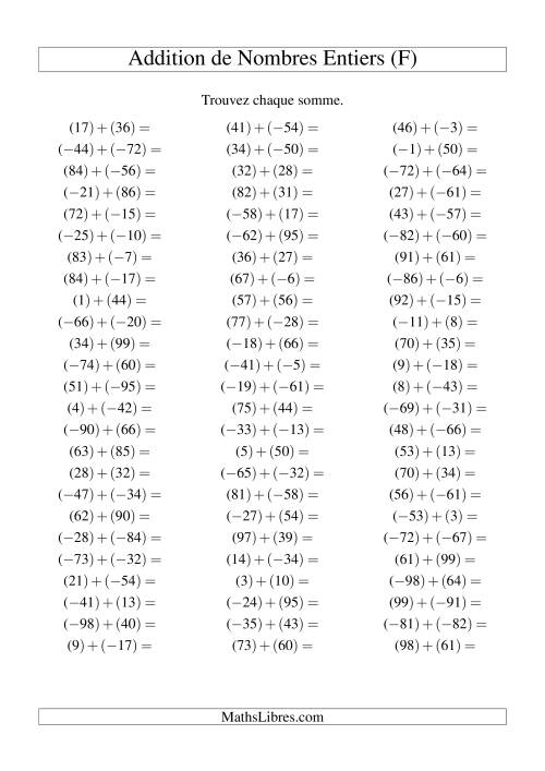 Addition de nombres entiers (-99 à 99) (75 par page) (F)