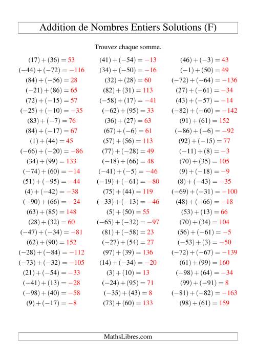 Addition de nombres entiers (-99 à 99) (75 par page) (F) page 2