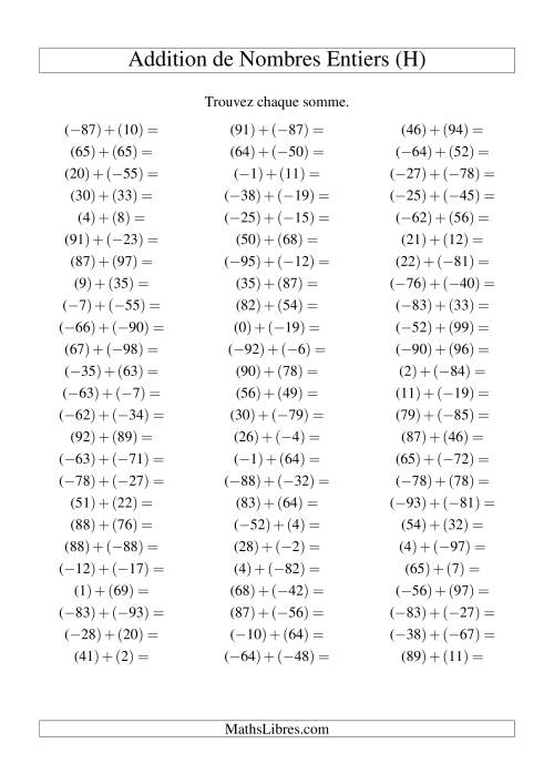 Addition de nombres entiers (-99 à 99) (75 par page) (H)