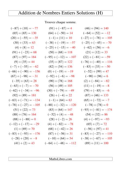 Addition de nombres entiers (-99 à 99) (75 par page) (H) page 2