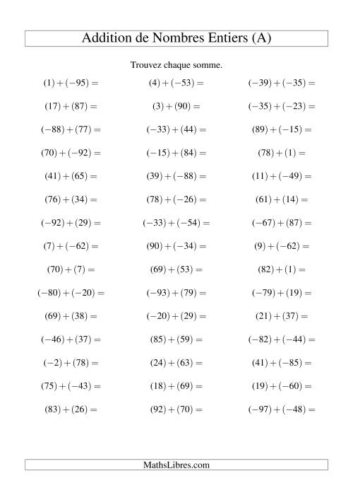 Addition de nombres entiers (-99 à 99) (45 par page) (A)