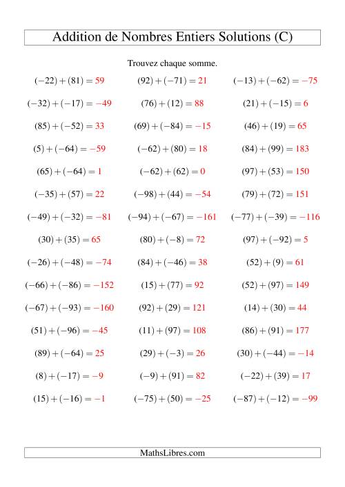 Addition de nombres entiers (-99 à 99) (45 par page) (C) page 2