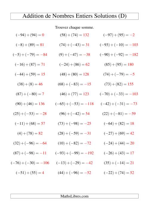 Addition de nombres entiers (-99 à 99) (45 par page) (D) page 2