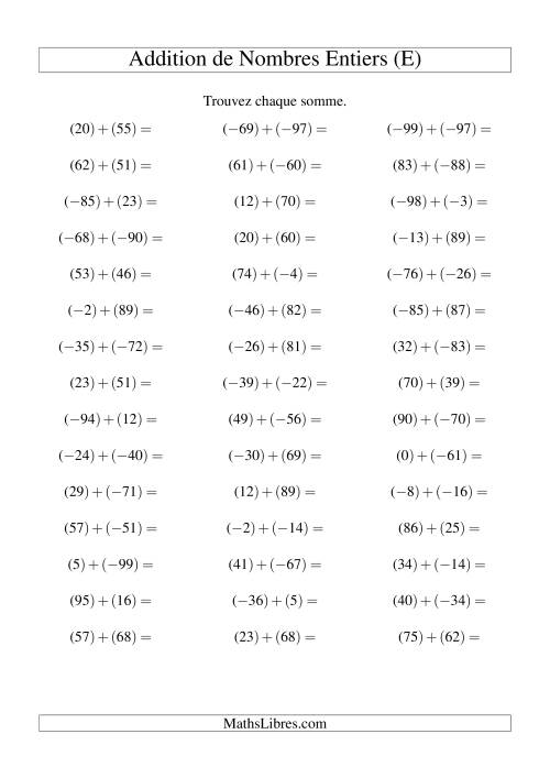 Addition de nombres entiers (-99 à 99) (45 par page) (E)