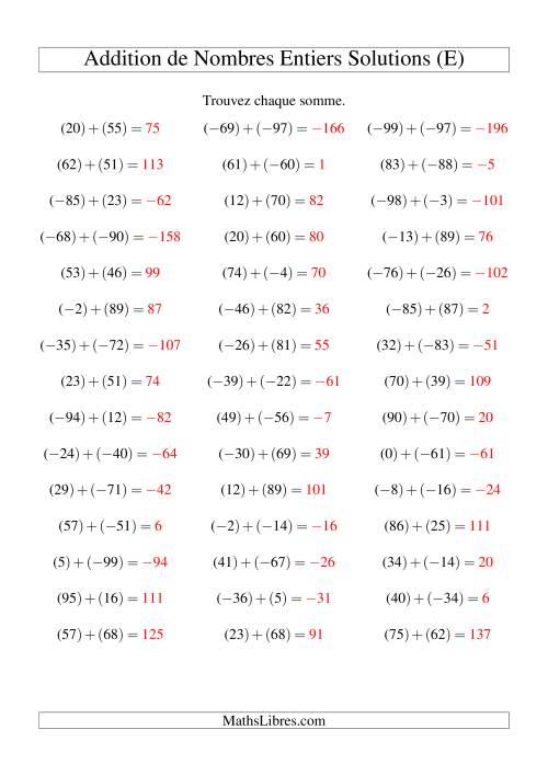 Addition de nombres entiers (-99 à 99) (45 par page) (E) page 2