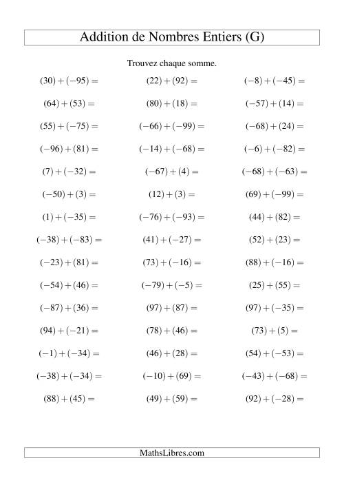 Addition de nombres entiers (-99 à 99) (45 par page) (G)