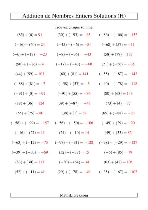 Addition de nombres entiers (-99 à 99) (45 par page) (H) page 2