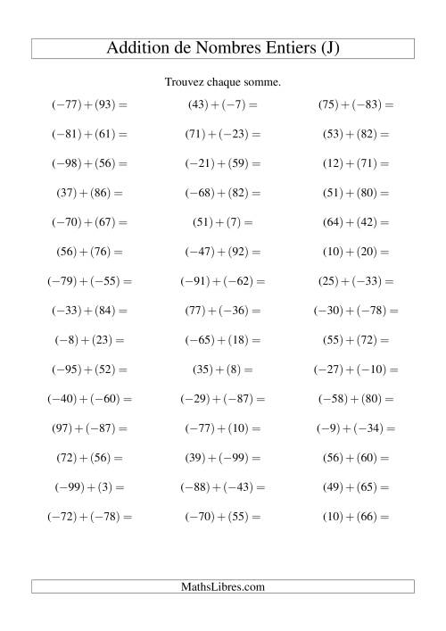 Addition de nombres entiers (-99 à 99) (45 par page) (J)