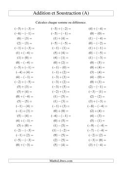 Addition et soustraction de nombres entiers avec parenthèses autour de chaque entier (-5 à 5) (75 par page)