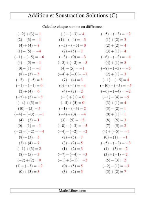 Addition et soustraction de nombres entiers avec parenthèses autour de chaque entier (-5 à 5) (75 par page) (C) page 2