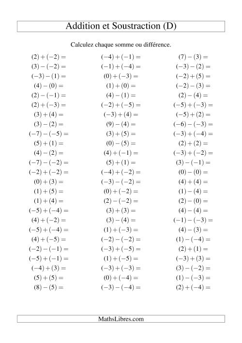 Addition et soustraction de nombres entiers avec parenthèses autour de chaque entier (-5 à 5) (75 par page) (D)